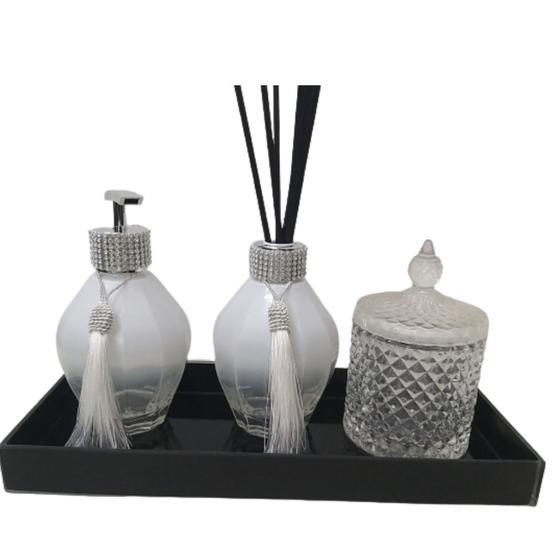 Imagem de Kit Lavabo Porta Sabonete Líquido Difusor Porta Algodão Cotonete Bandeja Decorativa-Jogo Banheiro-Organizadores-Decoração Casa-Branco e Preto