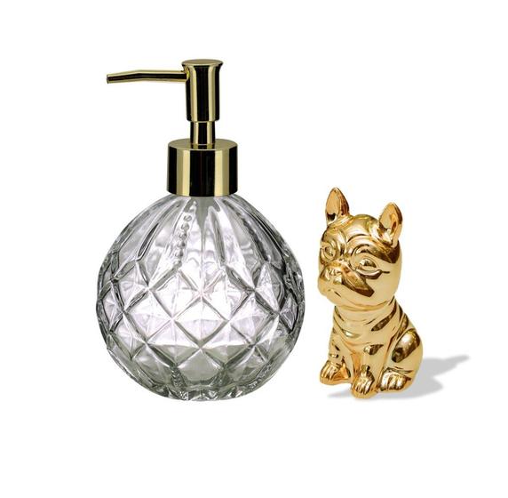 Imagem de Kit Lavabo Porta Sabonete Líquido Vidro Vitral e Mini Buldogue Cerâmica Dourado