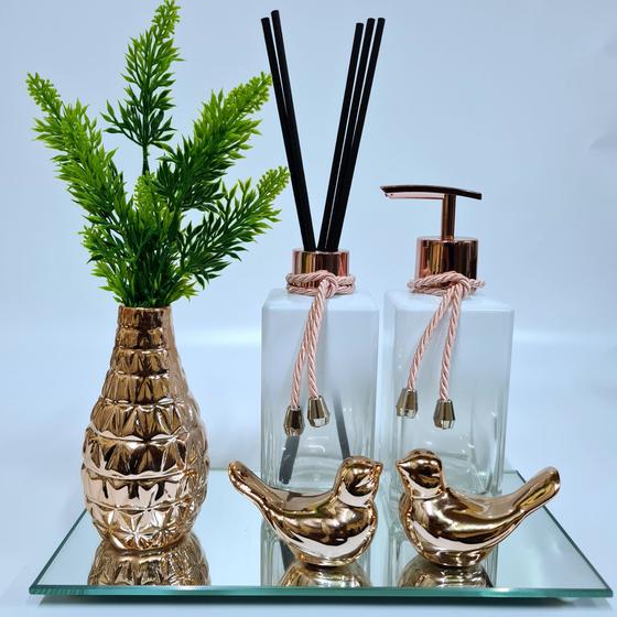 Imagem de Kit Lavabo Vasinho Espelhado, Difusor, Saboneteira, Bandeja (Square)