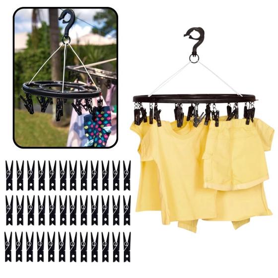 Imagem de Kit Lavanderia com Mini Varal Roupa Intima Redondo com Gancho + 60 Pregadores Cor Preta Mor