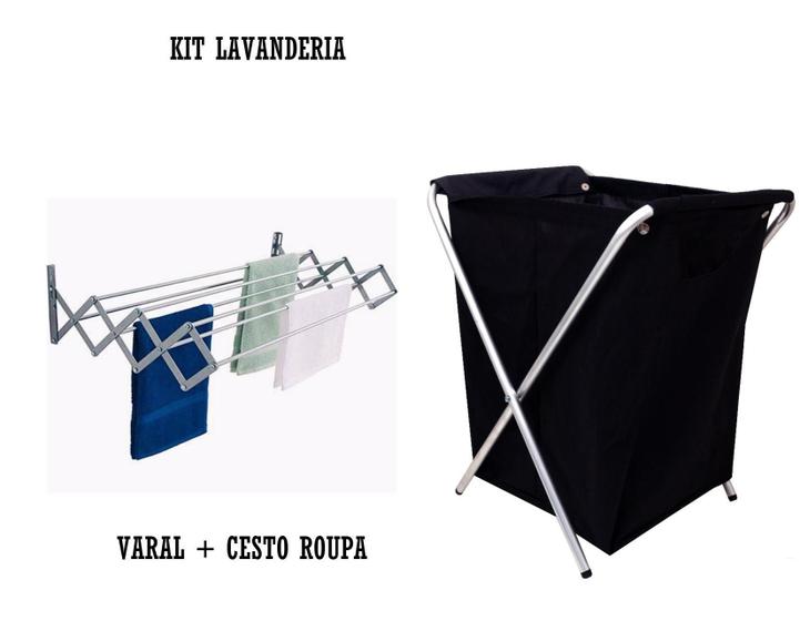 Imagem de Kit Lavanderia Varal Sanfonado + Cesto Organizador De Roupa.