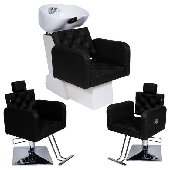 Imagem de Kit Lavatório Tokyo + Poltrona fixa + Poltrona Reclinável Bases Quadradas Para Salão