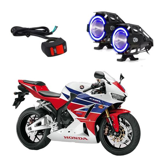 Imagem de Kit Led Farol Milha Moto CBR600RR 2003 2004 2005 2006 2007 2008 2009 2010 2011 2012 2013 Angel Eye Azul U7