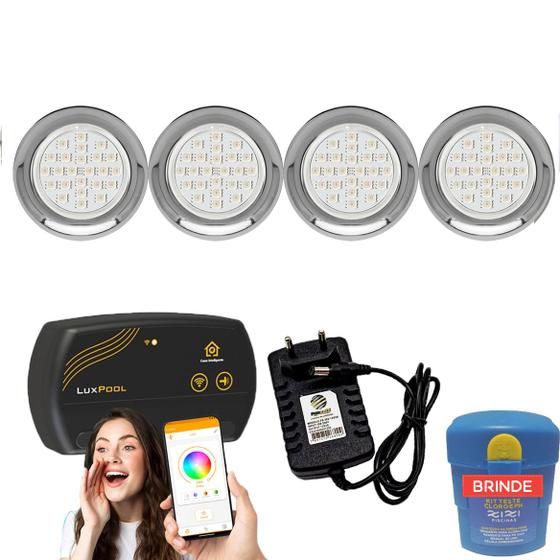 Imagem de Kit Led Piscina 40m² - 4 Leds 5w Inox, Smart Lux + Fonte