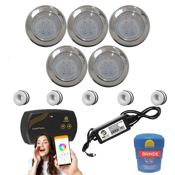 Imagem de Kit Led Piscina 50mm 100m² - 5 Leds 9w Inox + Smart Lux