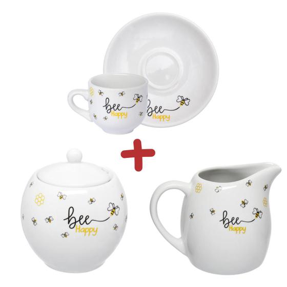 Kit Leiteira + Açucareiro + Jogo 6 Xícaras Café Conjunto Porcelana Honey Bee Happy Hauskraft Menor preço em Kit Leiteira + Açucareiro + Jogo 6 Xícaras Café Conjunto Porcelana Honey Bee Happy Hauskraft