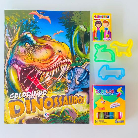 Imagem de Kit Lembrancinha aniversario infantil Livro Colorir pintar Giz E Massinha Dinossauros