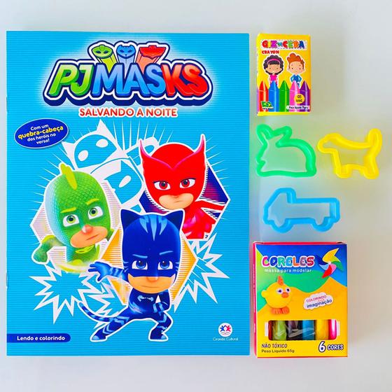 Imagem de Kit Lembrancinha aniversario infantil Livro Colorir pintar Giz E Massinha Pj Masks