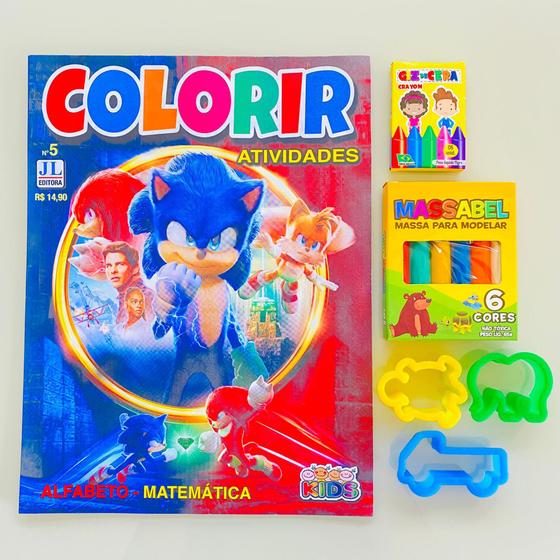 Imagem de Kit Lembrancinha aniversario infantil Revista Colorir pintar Giz e Massinha Sonic