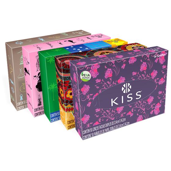 Imagem de Kit Lenço Facial Papel Kiss 50 Lenços Folha Dupla - Kit 7 Caixas - 350 Unidades Folhas Prático Bolsa / Carro / Mochila