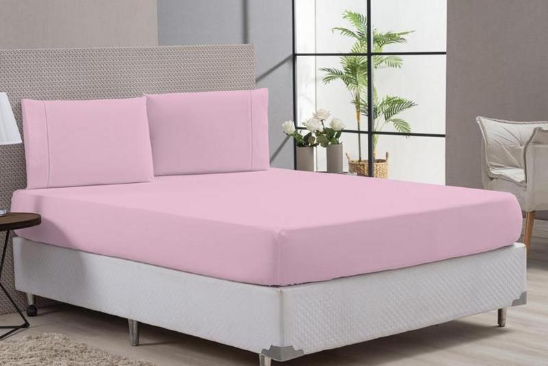 Imagem de Kit Lençol Com Elástico E Fronha 80% Algodão Rosa King