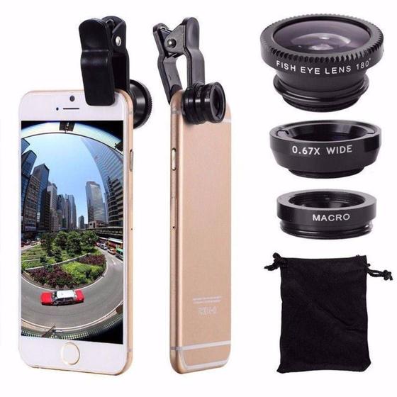 Kit Lente 3x1 Celular - Fisheye + Wide + Macro - Universal Menor preço em Kit Lente 3x1 Celular - Fisheye + Wide + Macro - Universal