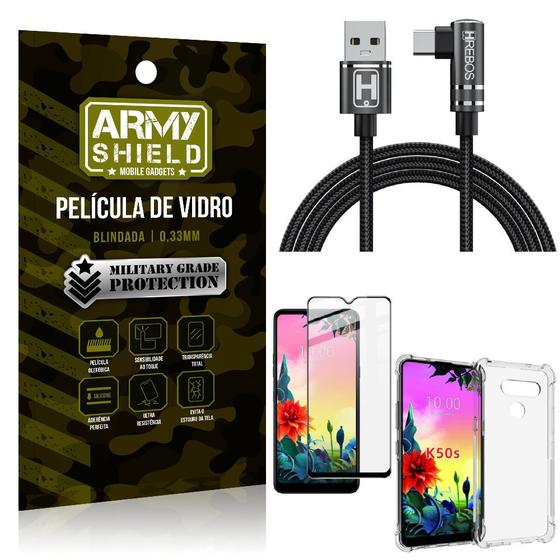 Imagem de Kit LG K50s Cabo em L Tipo C HS180 + Capinha + Película 3D - Armyshield