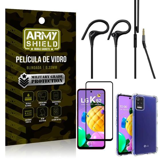 Imagem de Kit LG K62 / K62 Plus Fone Sport HS92 + Capinha + Película 3D - Armyshield