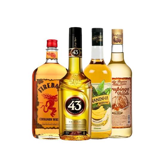 Kit: licor 43 700 ml + bananinha 950 ml + fireball 750 ml + jurupinga 975 ml - DINALLE Imagem de Kit: licor 43 700 ml + bananinha 950 ml + fireball 750 ml + jurupinga 975 ml