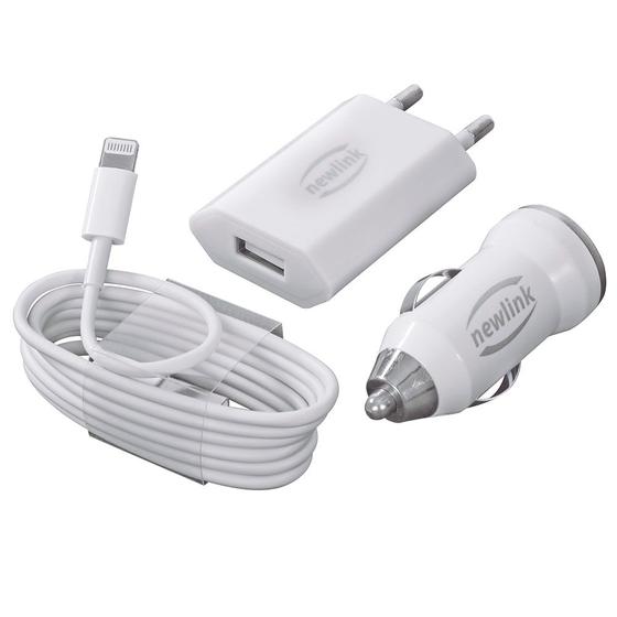 Imagem de Kit lightning 3 em 1, cabo, carregador de tomada e veicular branco kt200 newlink