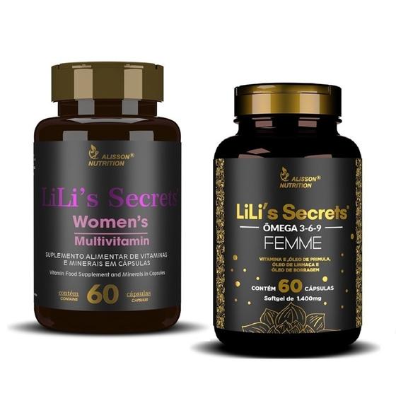 Imagem de Kit Lilis Secrets Multivitaminico Mulher + Omega Femme 3 6 9 Linhaça Borragem Primula 60+60 capsulas