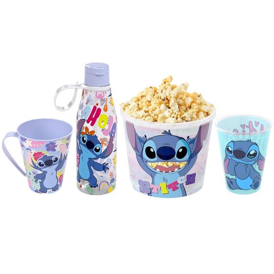 Imagem de Kit Lilo Stitch 4 em 1 com Caneca Copo Garrafa e Balde de Pipoca