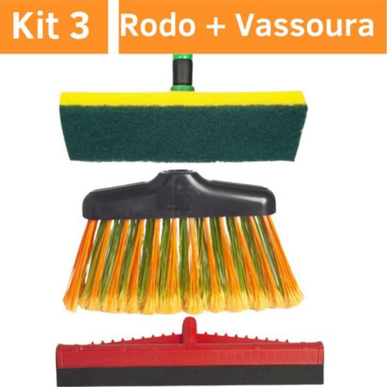 Imagem de Kit Limpa Piso Vassoura + Rodo Eva Duplo + Rodo Abrasivo Top