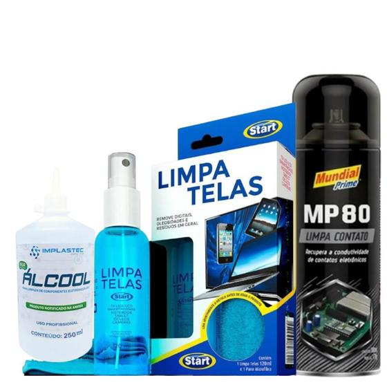 Imagem de Kit Limpa Telas 120ml com Pano Microfibra + Spray Limpa Contato 300ml Mundial Prime + Alcool Isopropilico 250ml com Bico Dosador