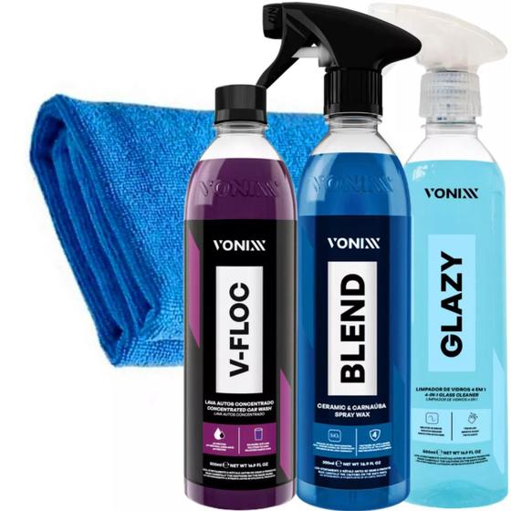 Imagem de Kit Limpa Vidros Glazy + Blend Spray + Shampoo V-floc Vonixx