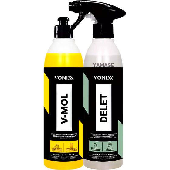 Imagem de Kit Limpador de Plasticos Borrachas Pneu Delet 500ml Spray + Shampoo Lava Autos Desengraxante Neutro V-Mol 500ml Vonixx