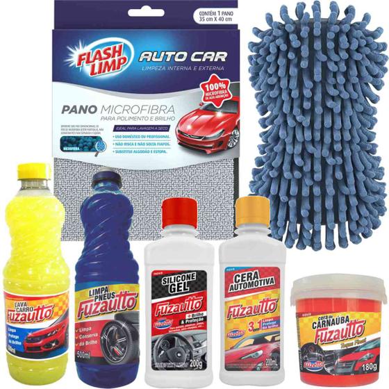 Imagem de Kit limpeza automotiva cera liq. pretinho cera carnaúba shampoo silicone pano e esponja microfibra