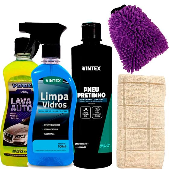 Imagem de Kit Limpeza Automotiva Shampoo Vidro + Pneu Pretinho + Lava Autos Vonixx