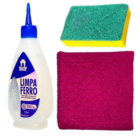 Imagem de Kit Limpeza De Ferro Passar Roupa Pano Rosa Choque E Esponja