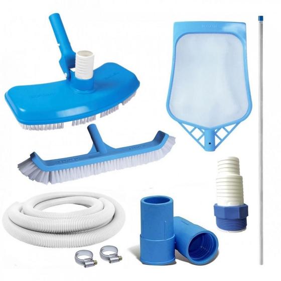 Imagem de Kit Limpeza de Piscina Aspirador + Peneira com Haste + Escova + Mangueira 4m 32mm Branca