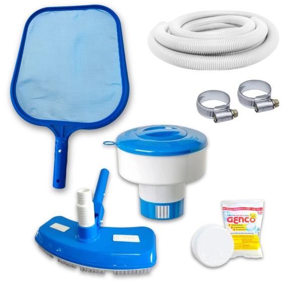 Imagem de Kit Limpeza de Piscina Mangueira 2m 32mm + Aspirador + Peneira + Clorador + Pastilha de Cloro