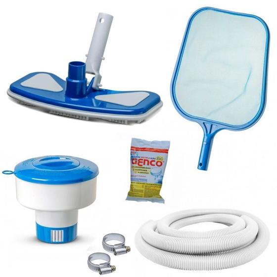 Imagem de Kit Limpeza de Piscina Mangueira 2m + Aspirador + Peneira + Clorador + Cloro