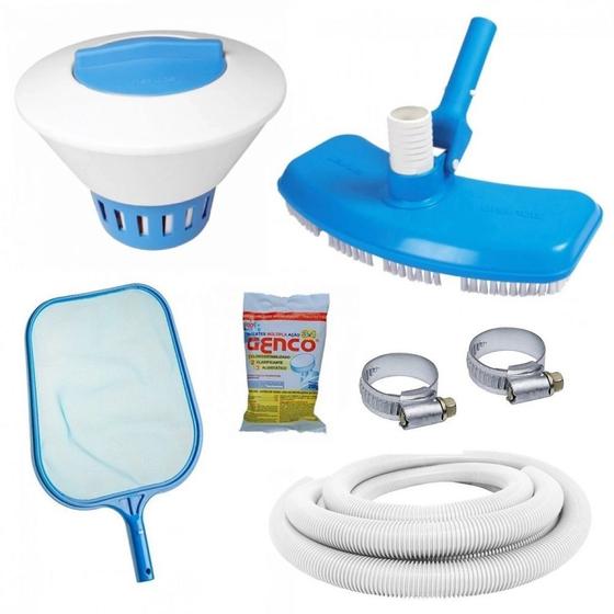 Kit Limpeza de Piscina Mangueira 6m + Aspirador + Peneira + Flutuador Grande + Cloro Netuno Menor preço em Kit Limpeza de Piscina Mangueira 6m + Aspirador + Peneira + Flutuador Grande + Cloro Netuno