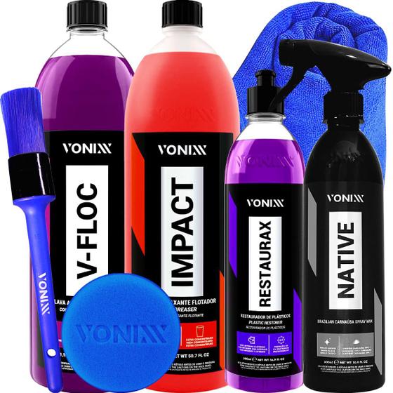 Imagem de Kit Limpeza e Detalhamento V-Floc+Impact Restaurador Restaurax Cera Native Spray Vonixx