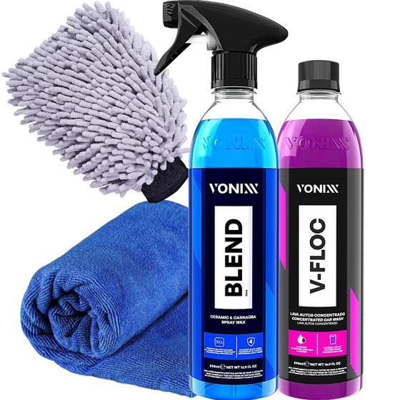 Imagem de Kit Limpeza e Polimento Vonixx Cera Carnaúba Blend + Shampoo V-Floc + Microfibra