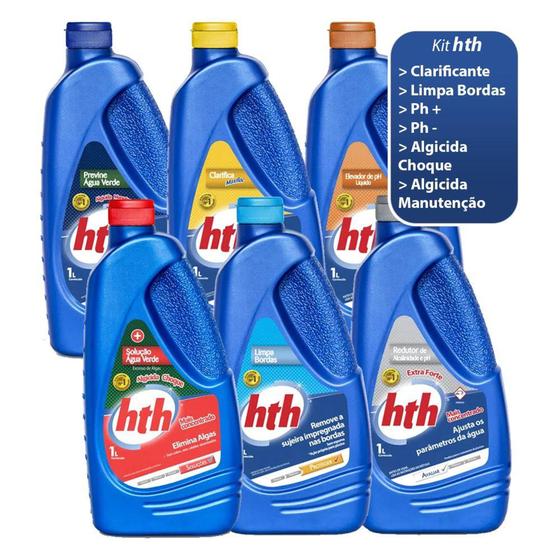 Imagem de Kit Limpeza e Tratamento De Piscinas Completo Hth Limpa Bordas Maxfloc Algicida Ph Alcalinidade Com