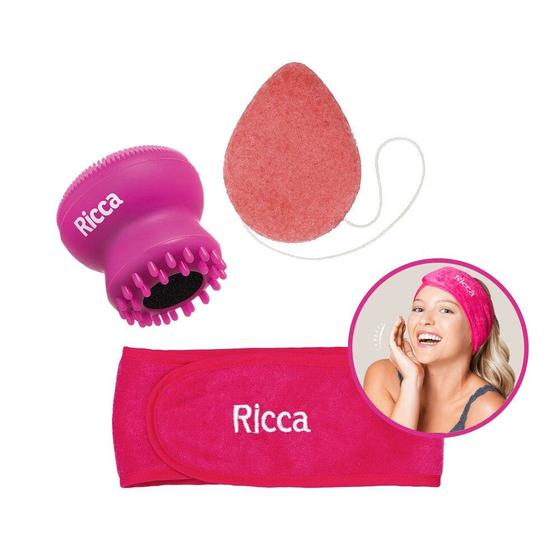 Imagem de Kit Limpeza Facial Faixa + Esponja Polvo + Esponja Konjac Esfoliação Ricca 3itens