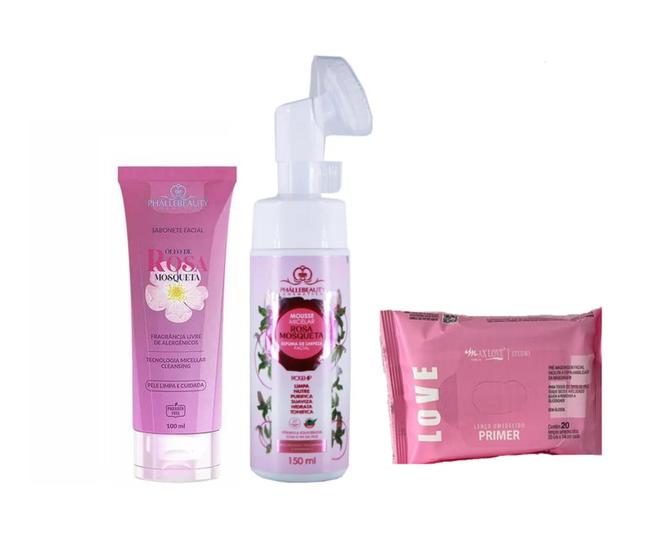 Imagem de kit limpeza facial Phallebeauty sabonete + mousse rosa mosqueta + lenço primer