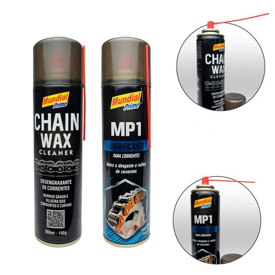 Imagem de kit Limpeza lubrificação corrente lubrificante desengraxante chain wax moto bike kart mundial prime