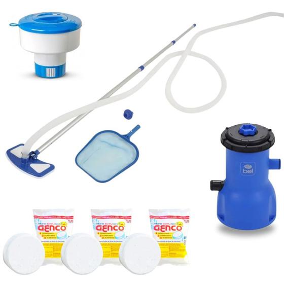 Imagem de Kit Limpeza para Piscinas Aspirador + Filtro 220v + Flutuador + 3 Pastilhas Cloro + Peneira