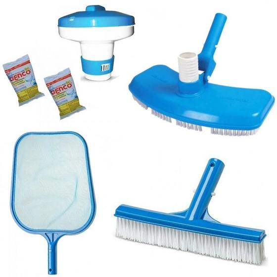 Imagem de Kit Limpeza Piscina Aspirador + Peneira + Escova + Flutuador e 2 Pastilhas Cloro