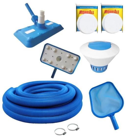 Imagem de Kit Limpeza Piscina Aspirador + Peneira + Flutuador + Pastilhas 3x1 e Mangueira 38mm 4 Metros