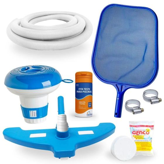 Imagem de Kit Limpeza Piscina Mangueira 2m + Aspirador + Peneira + Flutuador + Cloro + Fita Prova Cloro