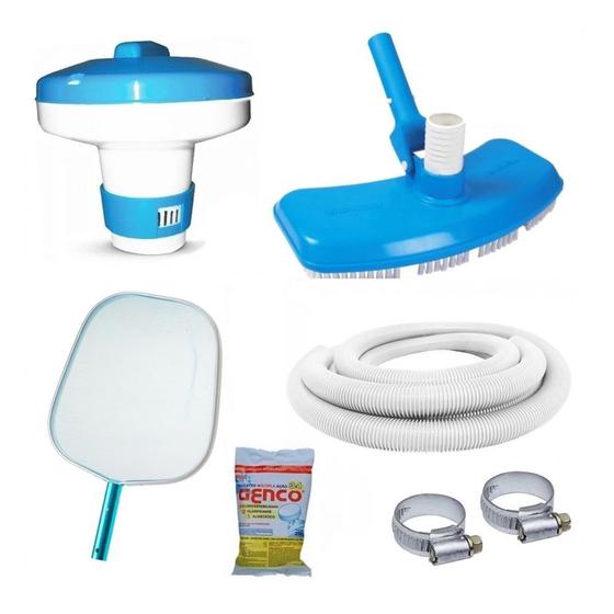 Imagem de Kit Limpeza Piscina Mangueira 4m + Aspirador + Peneira + Cloro + Flutuador