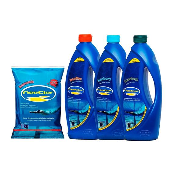 Imagem de Kit limpeza tratamento piscina neoclor- cloro 1kg - clarificante - limpa bordas - alg. choque