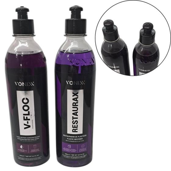 Imagem de Kit Limpeza V-Floc + Restaurax 500ml, Shampoo Concentrado para Lavagem e Restaurador para Plásticos