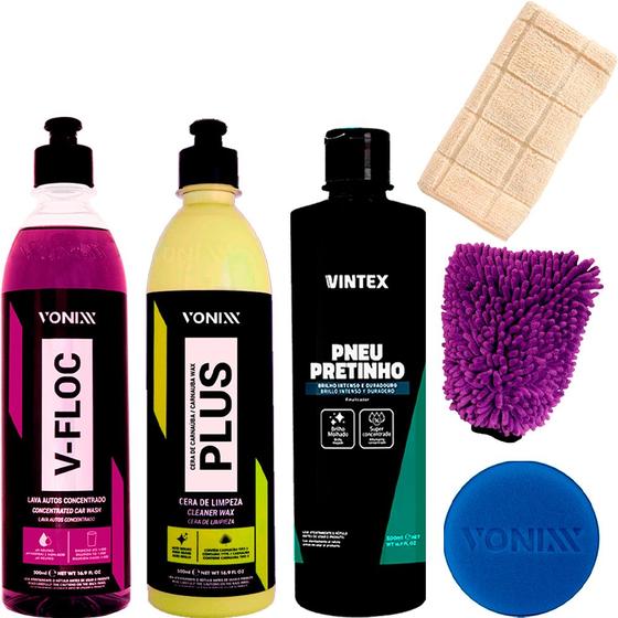 Imagem de Kit Limpeza Vfloc 500ml Carnauba Plus Pretinho + Itens Vonixx