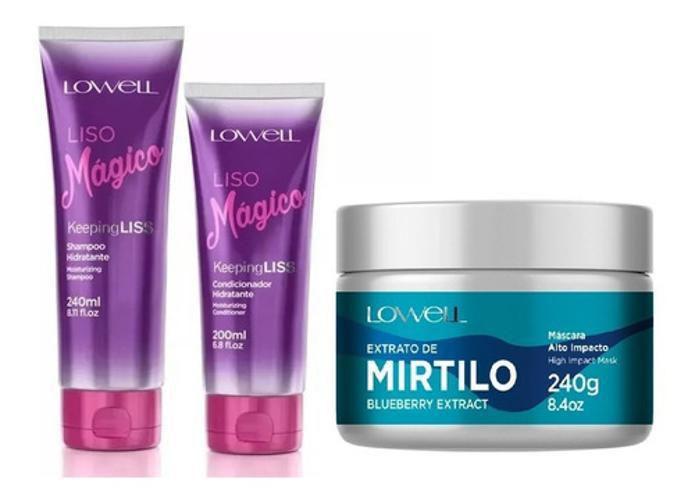 Imagem de Kit Liso Mágico Shampoo 240 Ml + Condicionador 200 Ml + Máscara Mirtilo Alto Impacto 240G Lowell