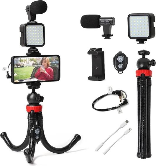 Imagem de Kit Lives Reuniões Tripé Flexivel Celular C/ Led Microfone