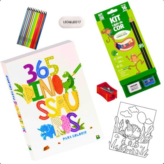 Imagem de Kit Livro 365 desenhos Dinossauro + Caixa de lápis de cor Brinquedo